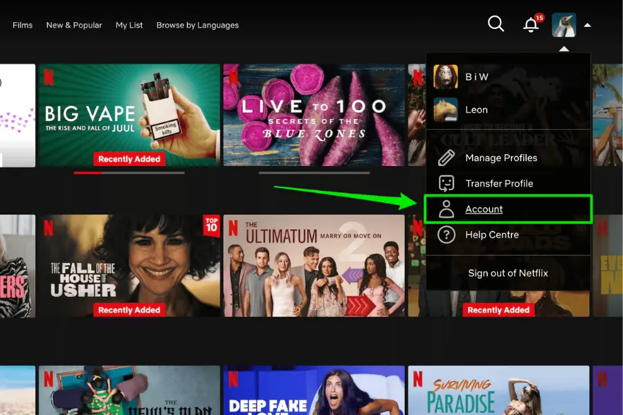 The image showcases a Netflix interface with sections like "Films", "New & Popular", and "My List". On the right, a dropdown menu lists with options like "Manage Profiles", "Transfer Profile", and highlighted "Account". An arrow points to "Account".