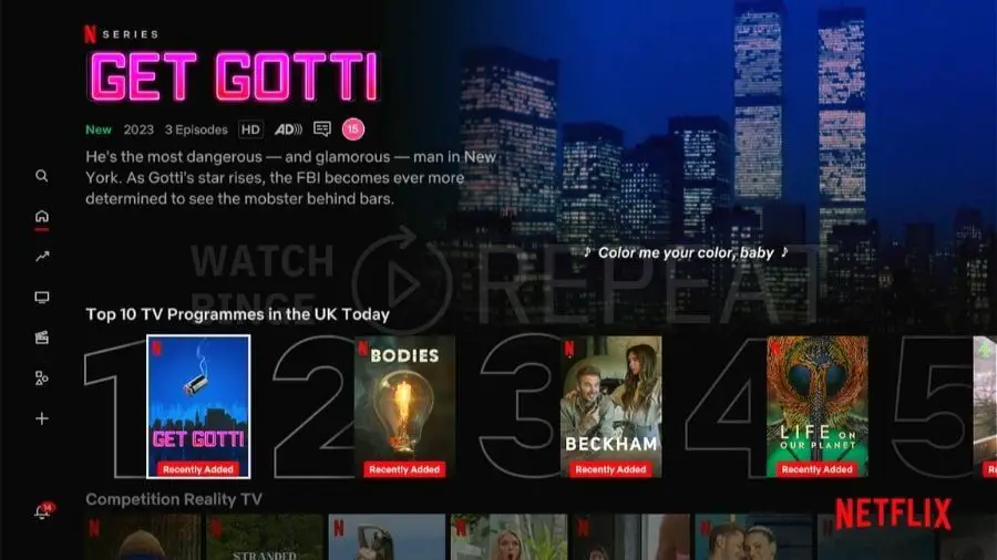 The screenshot shows Netflix app homepage on Amazon Firestick