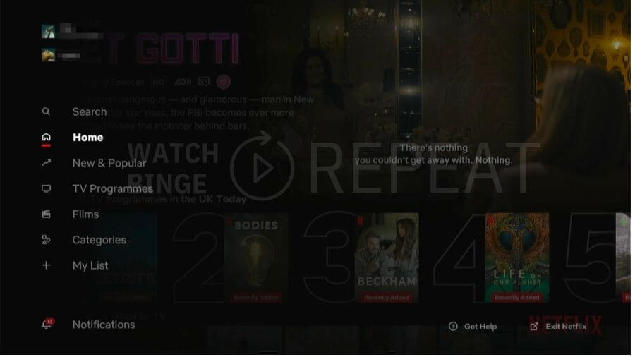 A darkened Netflix interface showcases the main menu 