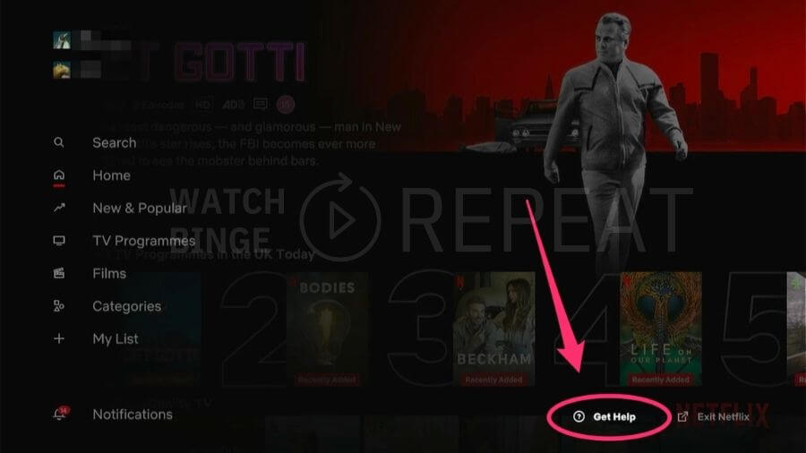 A dimly lit Netflix interface displaying main menu options. The left pane has menu options like "Home" and "Films".  An overlay highlights the "Get Help" button in the bottom right corner.