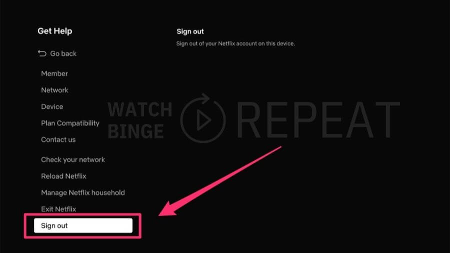 A dark-themed Netflix "Get Help" menu. A pink arrow points to the "Sign out" option.