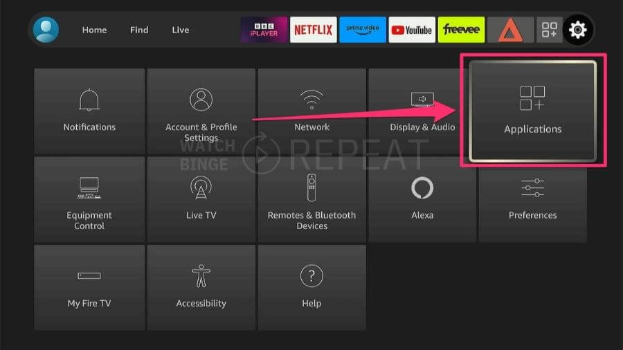 Firestick settings menu displaying options such as Notifications, Network, and Applications; the latter is highlighted by a red box and arrow.