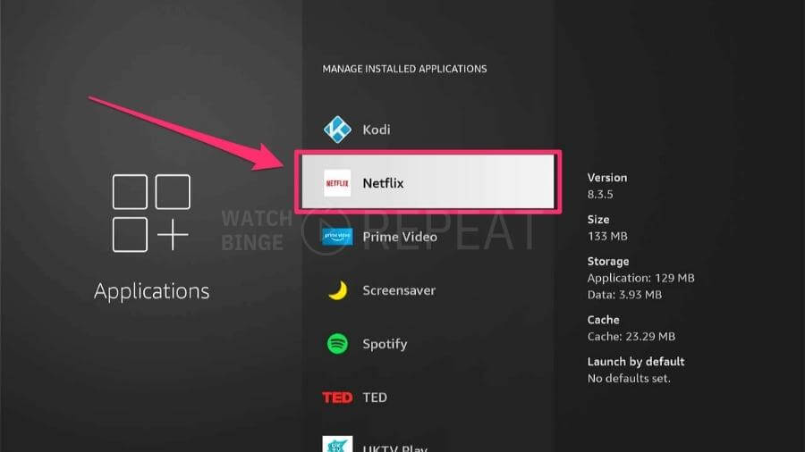 A firestick screen displaying a list of apps with "Netflix" highlighted. A pink arrow points to Netflix, showing its version, size, storage, and cache details on the right.