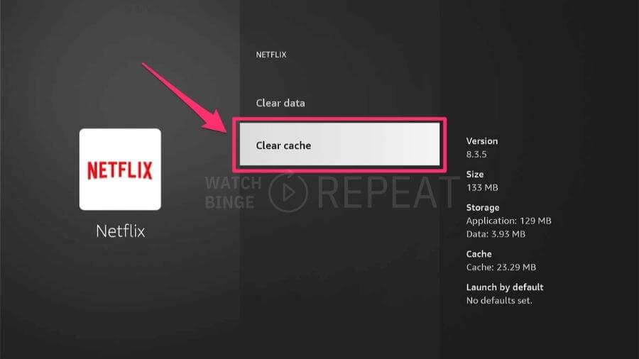 Interface showing the Netflix app icon with a "Clear cache" button highlighted, indicated by a pink arrow, with version and storage details to the right.