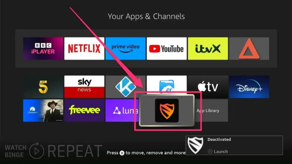 A screenshot of a smart TV's app interface, with a red arrow pointing to a Blokada app icon