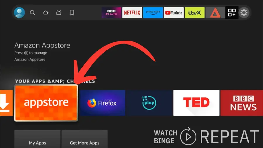 Interface snapshot showing the Amazon Appstore selection on a TV screen, with a red arrow indicating the "Your Apps & Channels" section.