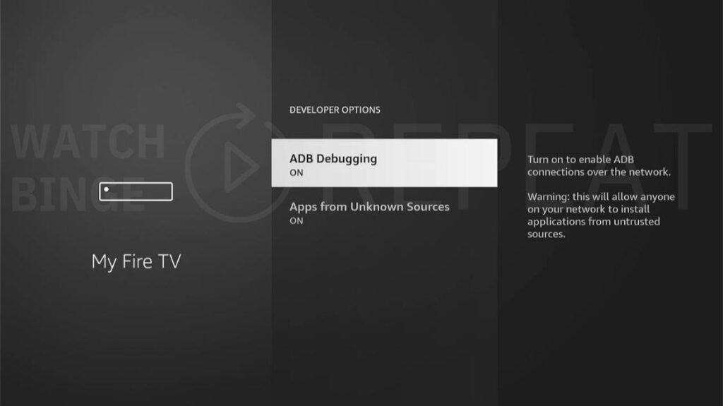 A settings screen displaying "Developer Options" with options for "ADB Debugging" and "Apps from Unknown Sources" turned on, accompanied by a warning about untrusted sources.