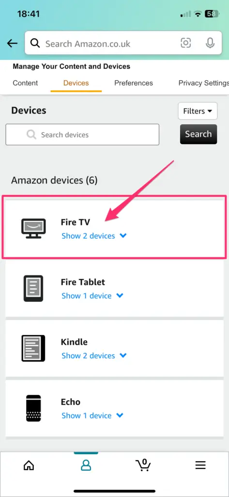  An amazon mobile app screenshot of the "Manage Your Content and Devices" page on Amazon, highlighting the Devices tab with a list of Amazon devices.