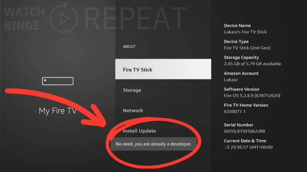 A screenshot of a Fire TV Stick settings page, with a message stating "No need, you are already a developer."