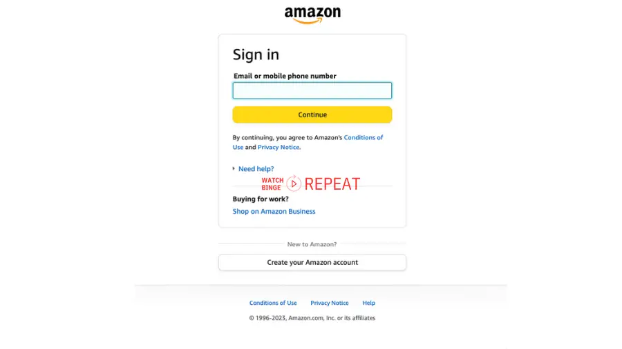 Amazon sign-in page requesting email or mobile number with a yellow 'Continue' button.