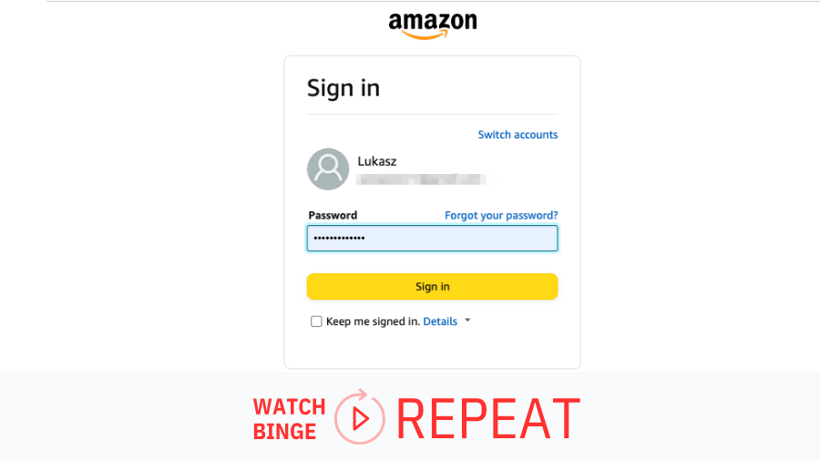 Amazon login screen with a blurred password field, with options for signing in and account recovery.