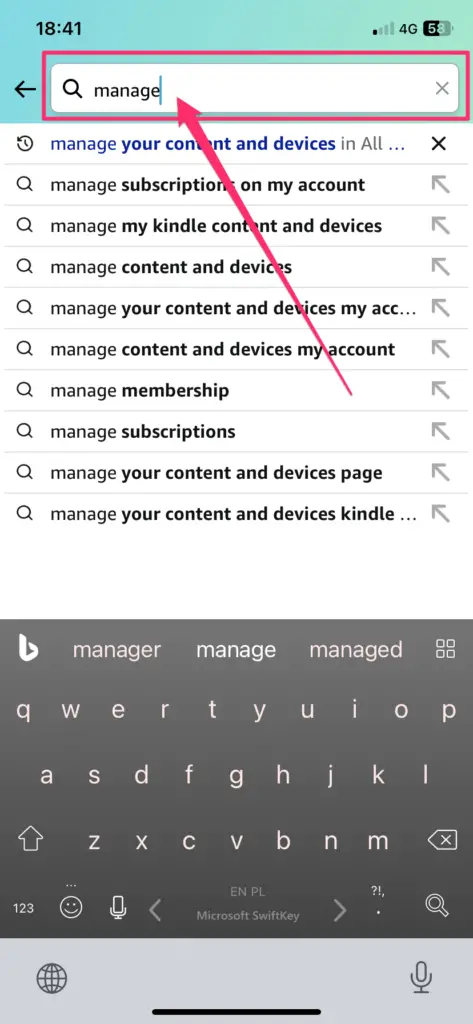 A screenshot of a mobile search bar with the term "Manage content and devices"content being entered, showing a dropdown of related search queries.