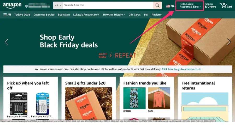Amazon homepage highlighting user's account details.
