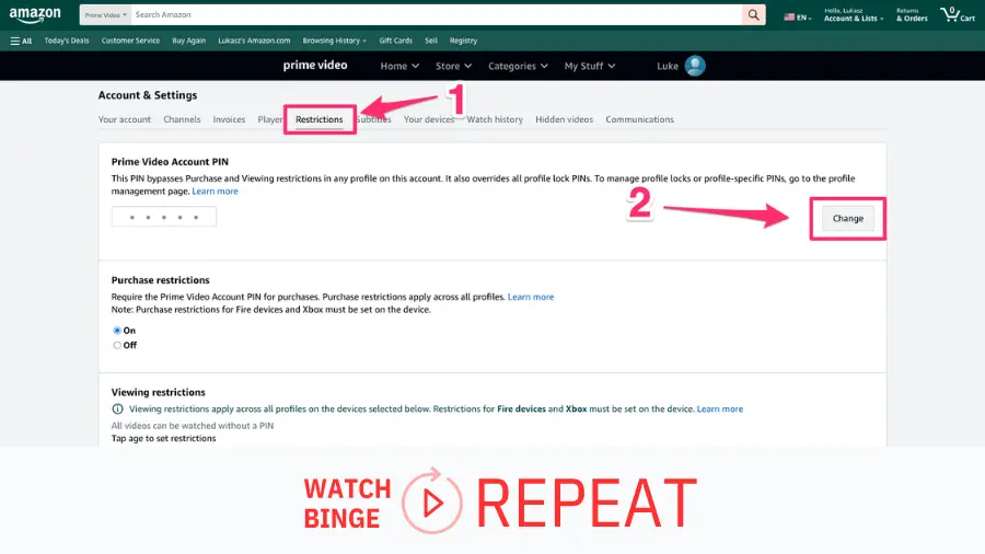 Amazon Prime Video account settings showing restrictions section with the option to change the Prime Video account PIN highlighted.