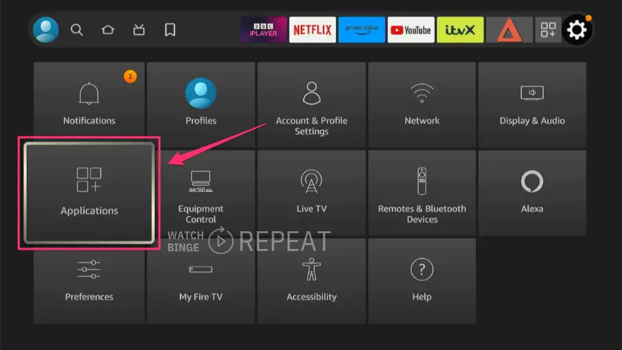 Fire TV interface with the 'Applications' menu option highlighted in red, signifying selection or focus.