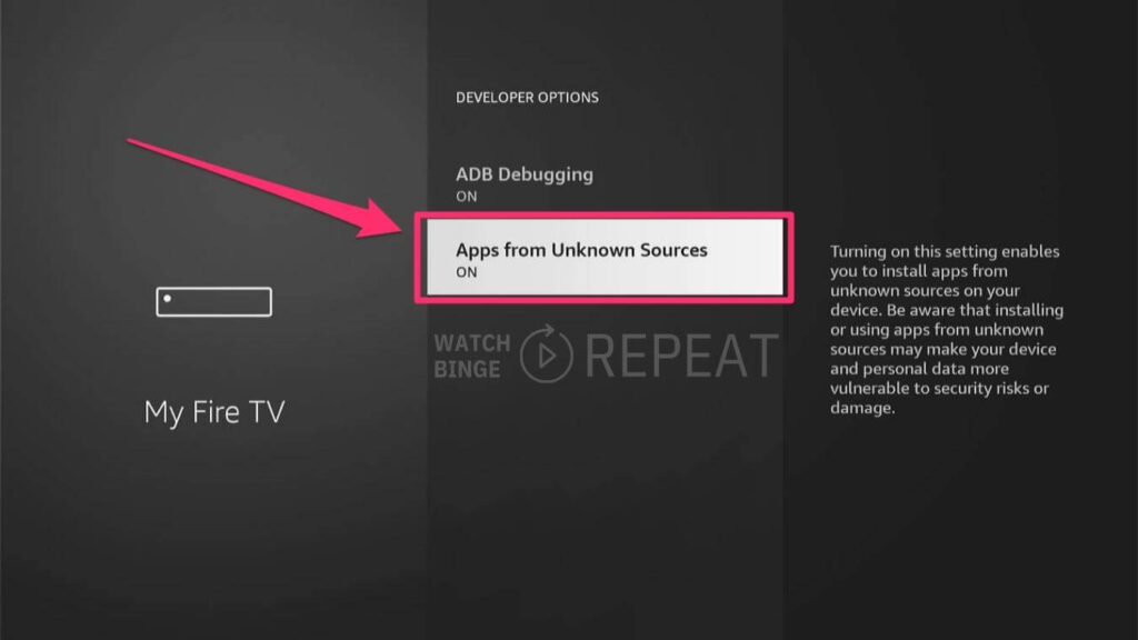 A screenshot showing the 'Developer Options' in a device's settings menu, with 'Apps from Unknown Sources' turned on, indicated by a red box and arrow.