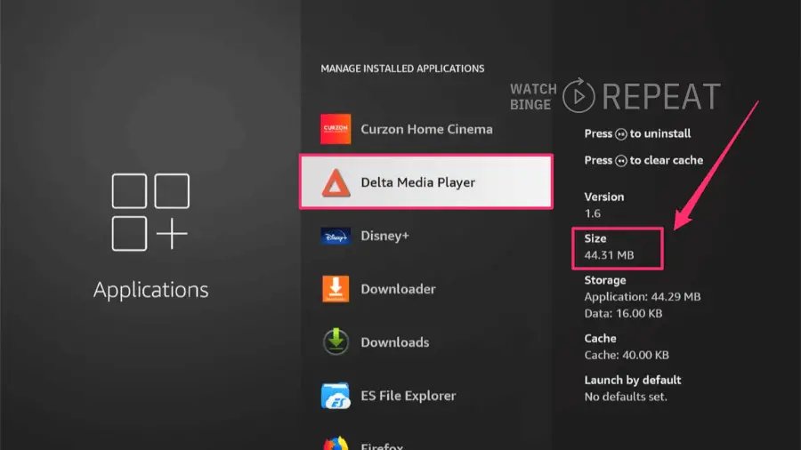 A list of applications with 'Delta Media Player' highlighted, including details like version and size.