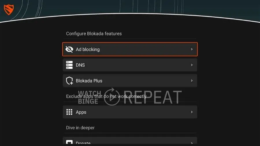 Blokada menu with 'Ad blocking' section highlighted