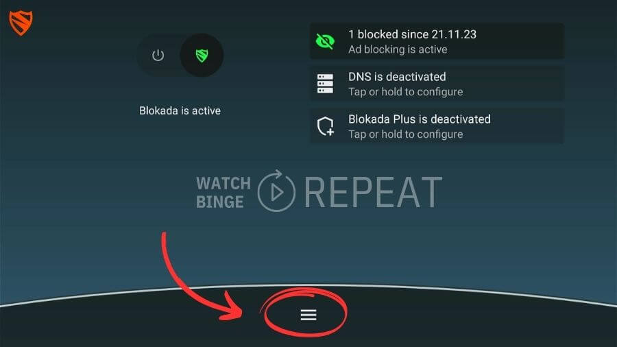 Screen of the Blokada home screen with a red arrow focusing on a burger menu in the bottom