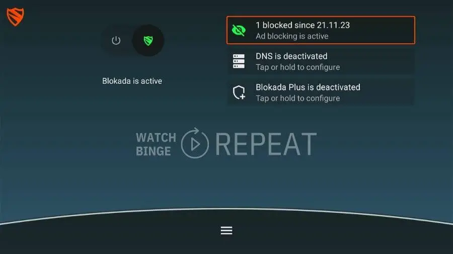Blokada app home screen showing that Blokada is active now