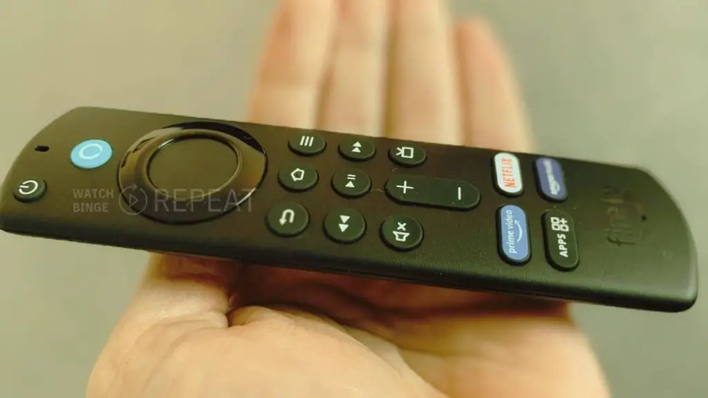 A hand holds a Firestick remote, its buttons facing the viewer against a soft-focus background.