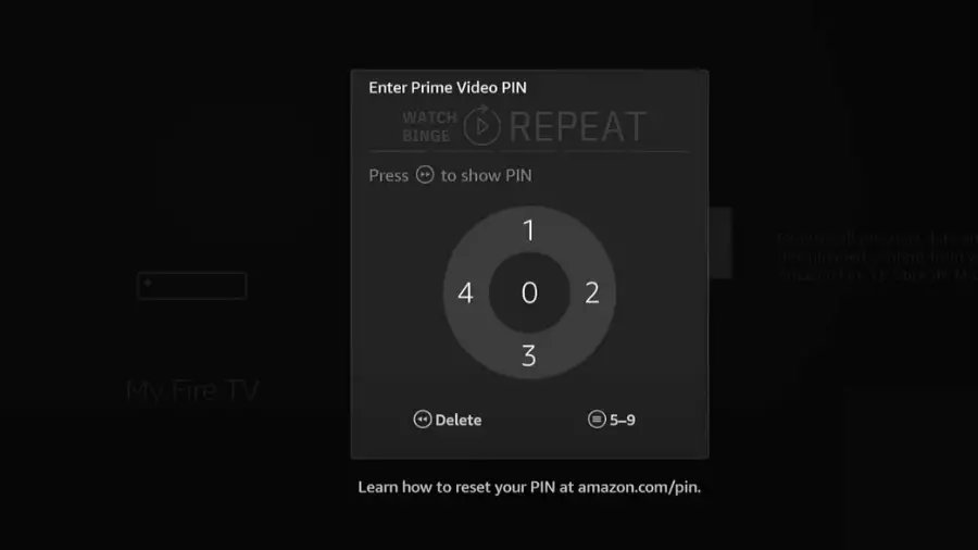 Dark screen on a TV with a Prime Video PIN entry prompt and numeric keypad, with a message on how to reset the PIN at the bottom.