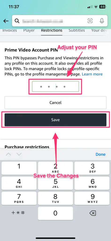 A close-up of a smartphone screen showing a numerical keypad for entering a Prime Video account PIN with a 'Save' option at the bottom.