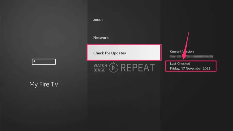 'My Fire TV' settings screen showing 'Check for Updates' option with the date of the last check displayed as "Friday, 17 November 2023."