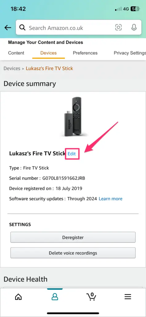 A mobile screenshot showing the "Edit" option for a specific Fire TV Stick device in the Amazon account settings.