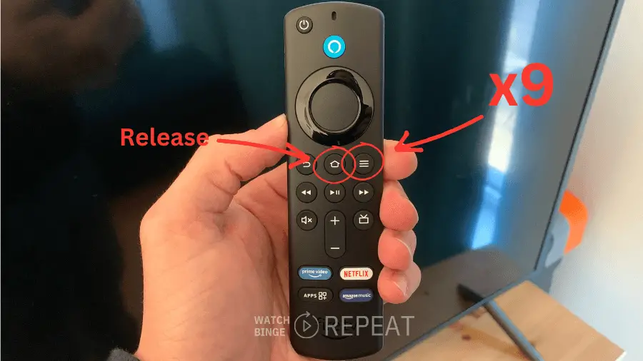 Photo instructs to release the 'Home' button before pressing 'Menu' button nine times as a part of reset sequence for the device.