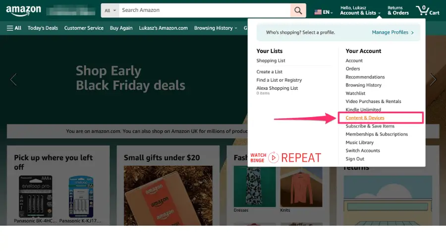 Drop-down menu from Amazon account tab showing various account options, with 'Content & Devices' highlighted.