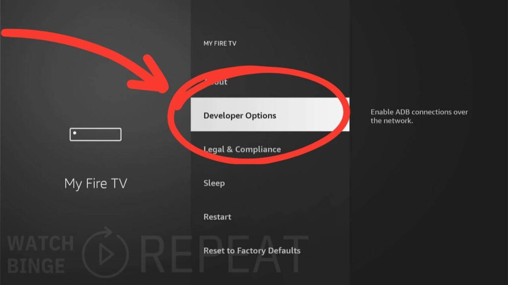 The image shows a Fire TV interface highlighting the "Developer Options" section within the My Fire TV settings menu, suggesting advanced settings accessibility.