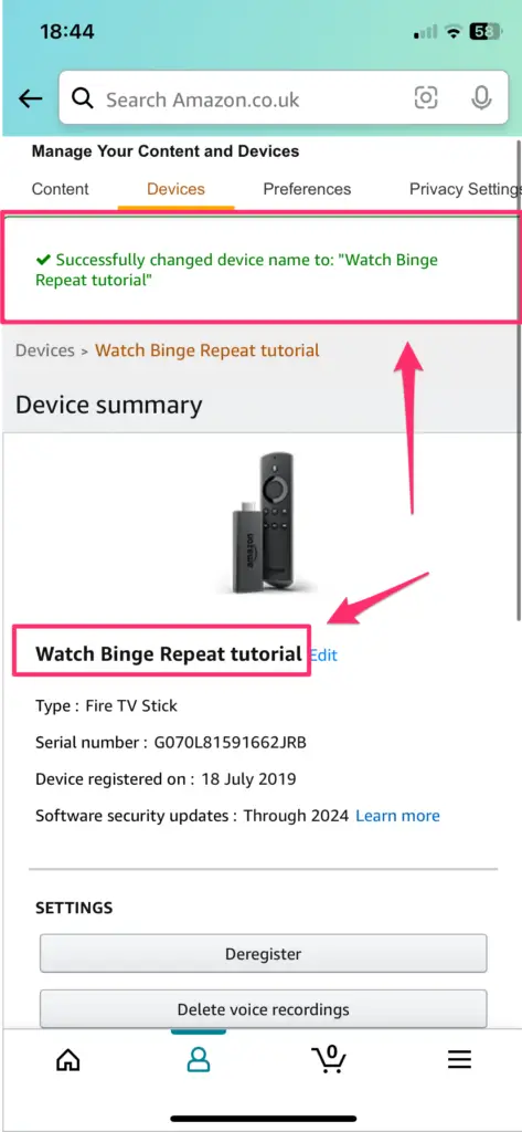 A mobile screenshot displaying a successful notification for a changed device name to "Watch Binge Repeat tutorial" on the Amazon account.