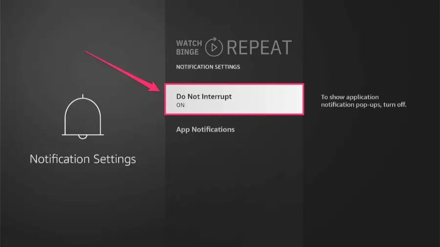 'Notification Settings' screen showing 'Do Not Interrupt' toggle switched on, to suppress application pop-ups.