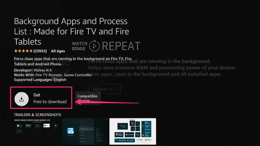 App details for "Background Apps and Process List" on a Fire TV interface, highlighting the 'Get' button to download.