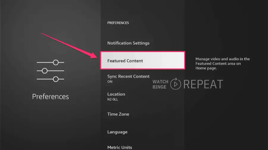 A settings screen with 'Featured Content' highlighted