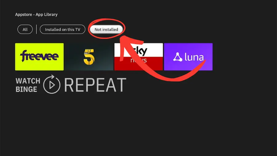 A TV screen display of an app store interface, with a red arrow targeting the "Not Installed" filter tab at the top.