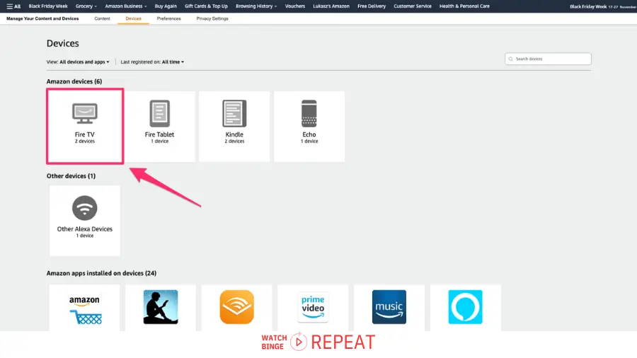 Amazon's 'Manage Your Content and Devices' page showing icons for different Amazon devices with fire TV option highlighted