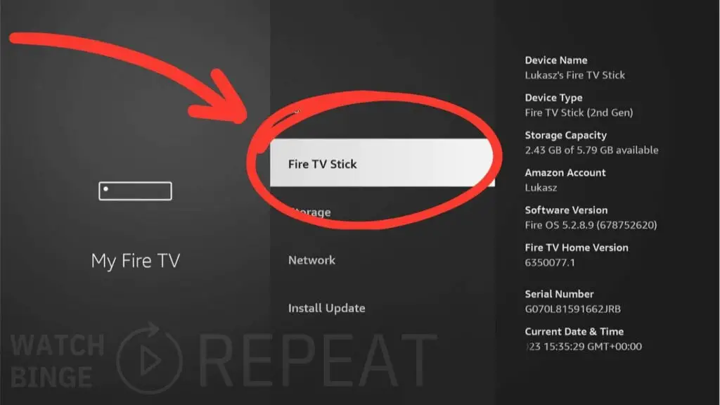 An interface showing details of a Fire TV Stick device, with "Fire TV Stick" highlighted. Information on storage, account, and software version are listed.