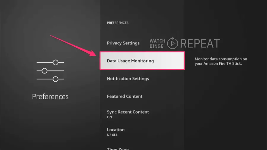 Firestick menu with 'Data Usage Monitoring' highlighted, indicating an option to monitor data consumption.