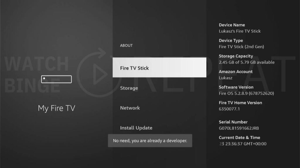 An interface showing the "About" section for a Fire TV Stick with details like device name, type, storage capacity, Amazon account, software version, home version, serial number, and current date and time.