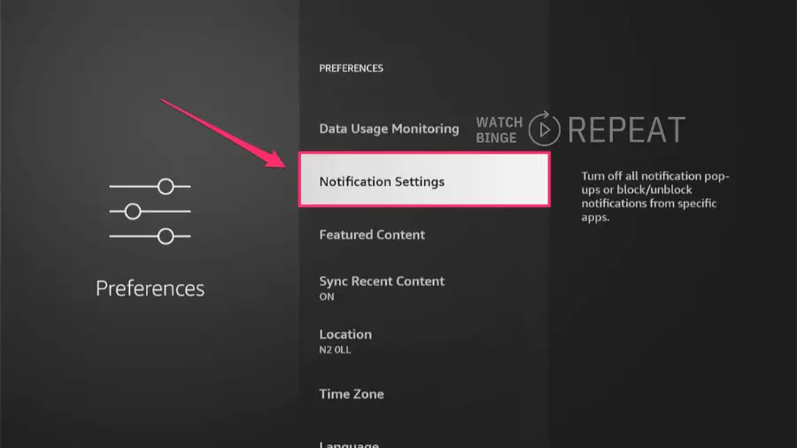 Fire TV stick preferences menu with 'Notification Settings' selected, detailing options to manage app notifications.