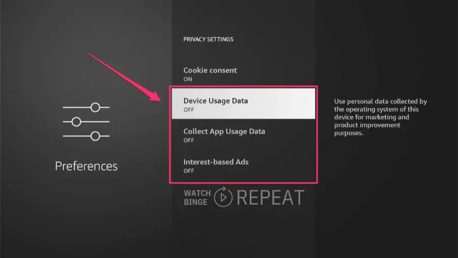 Settings screen with 'Privacy Settings' selected, options for 'Device Usage Data' and other privacy options are visible.