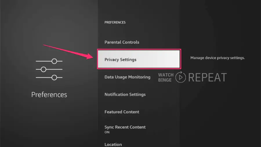 Close-up of a Firestick's interface showing 'Preferences' with a red arrow pointing to 'Privacy Settings'