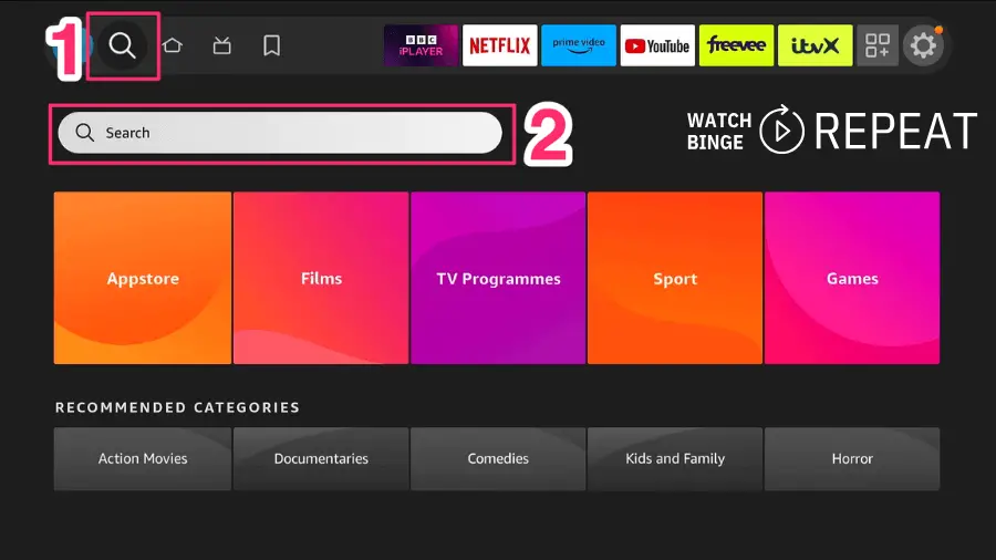 A user interface screen showcasing various streaming service icons such as iPlayer, Netflix, and YouTube at the top. Below, there is a search bar and colorful tiles labeled with categories like Appstore, Films, and Games. The bottom section lists recommended categories such as Action Movies and Documentaries. Search form is highlighted