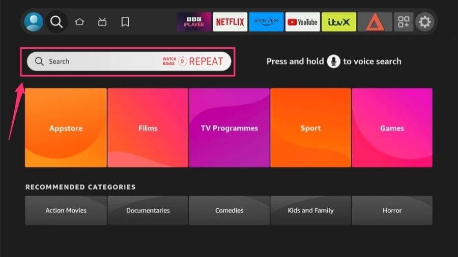 A Firestick search menu showing an input box with "Search" prompt, surrounded by colorful tiles for different categories like Films and TV Programmes, with an arrow pointing at the search icon.