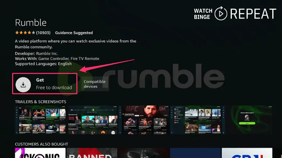 An app detail page for "Rumble" with a star rating and the text "Guidance Suggested." It features a "Get" button for free download, information about the developer, compatibility, and supported languages.