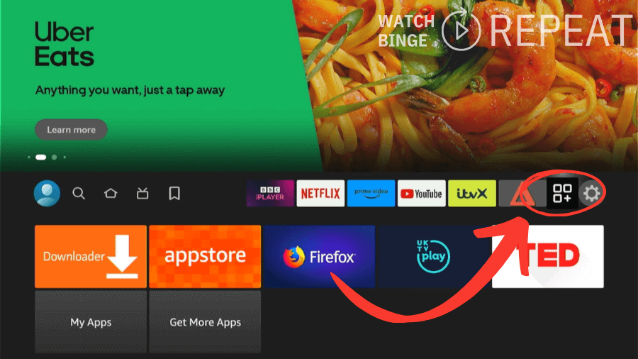 A screenshot of a Fire TV stick interface highlighting the Uber Eats app advertisement, with a red arrow pointing to Your apps and channels section in the upper-right corner.