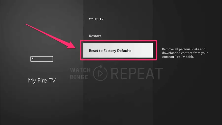 Amazon Fire TV settings showing the 'My Fire TV' section with an option to 'Reset to Factory Defaults' highlighted in a red box.