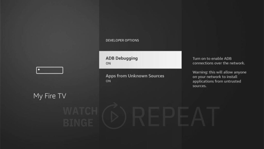 A Fire TV screen displaying "Developer Options" with "ADB Debugging" and "Apps from Unknown Sources" both turned on, alongside a warning about the security risks of enabling these options.